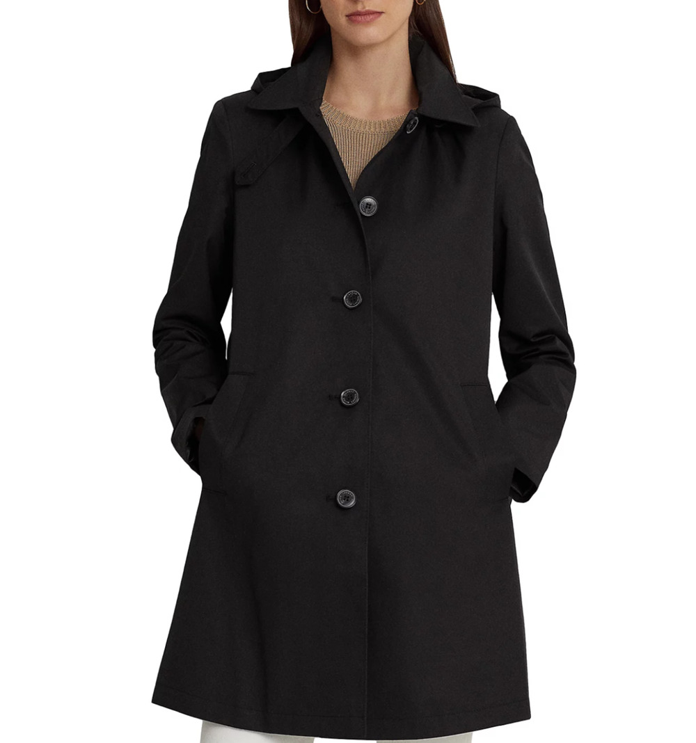 Lauren Ralph Lauren Women Hooded A-Line Raincoat Black Size L